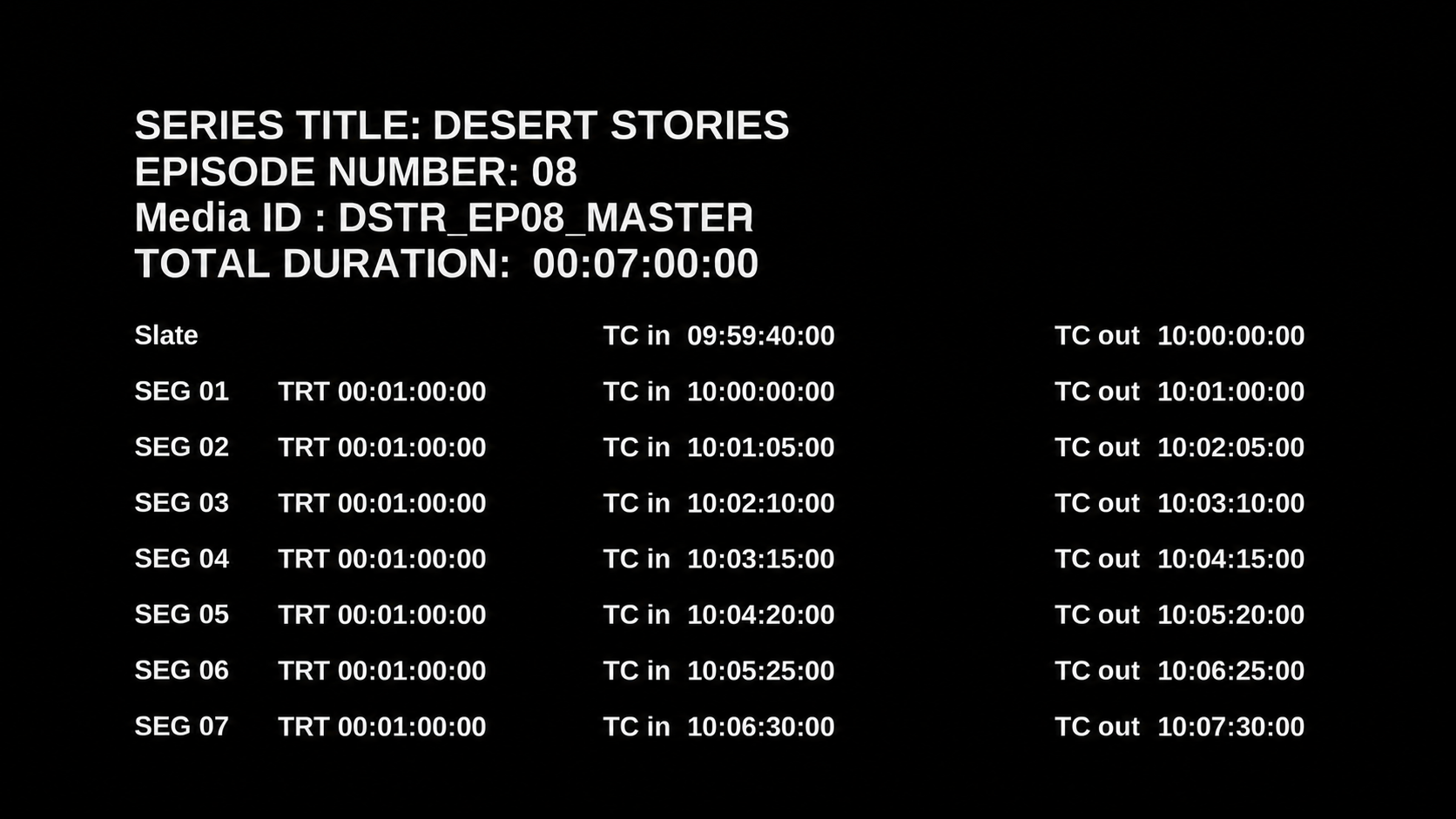 Example Segment TC slate for Desert Stories with seven segment timecode rows